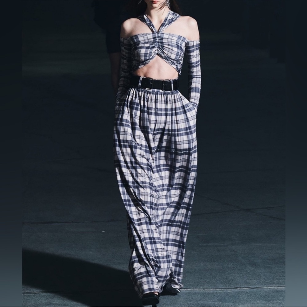 NWT Runway ROKH Plaid Cold-Shoulder Halter Maxi Dress w/ Belt